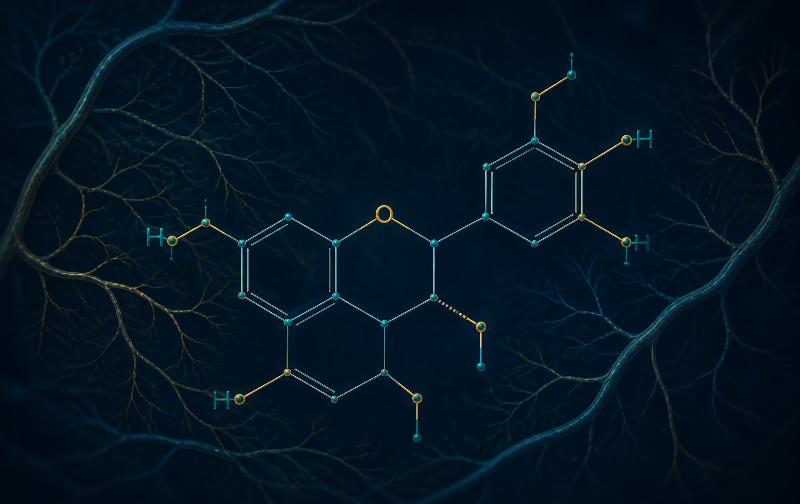 Scientific graphic of a flavanol molecular structure over a vascular network